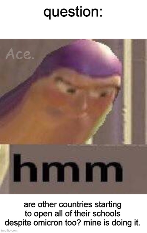 i feel like my entire country's government contracted brain cancer since the pandemic started. | question:; Ace. are other countries starting to open all of their schools despite omicron too? mine is doing it. | image tagged in buzz lightyear hmm | made w/ Imgflip meme maker