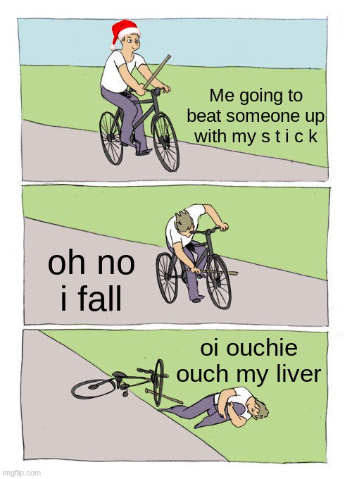 Bike Fall | Me going to beat someone up with my s t i c k; oh no i fall; oi ouchie ouch my liver | image tagged in memes,bike fall | made w/ Imgflip meme maker