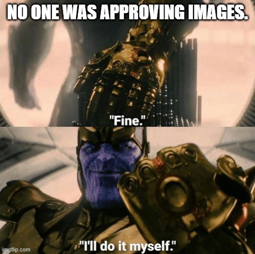 Fine I'll do it myself | NO ONE WAS APPROVING IMAGES. | image tagged in fine i'll do it myself | made w/ Imgflip meme maker