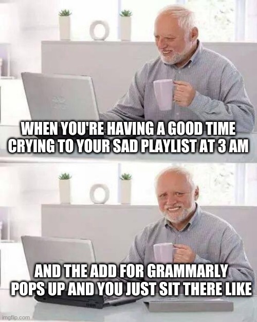 Hide the Pain Harold |  WHEN YOU'RE HAVING A GOOD TIME CRYING TO YOUR SAD PLAYLIST AT 3 AM; AND THE ADD FOR GRAMMARLY POPS UP AND YOU JUST SIT THERE LIKE | image tagged in memes,hide the pain harold | made w/ Imgflip meme maker