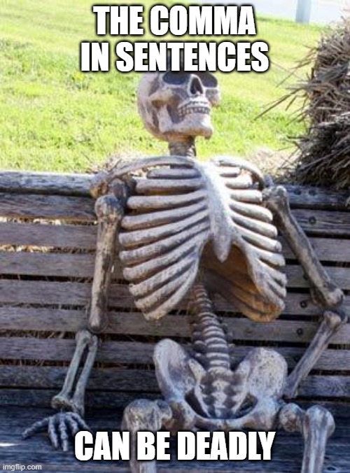 Waiting Skeleton Meme | THE COMMA IN SENTENCES CAN BE DEADLY | image tagged in memes,waiting skeleton | made w/ Imgflip meme maker