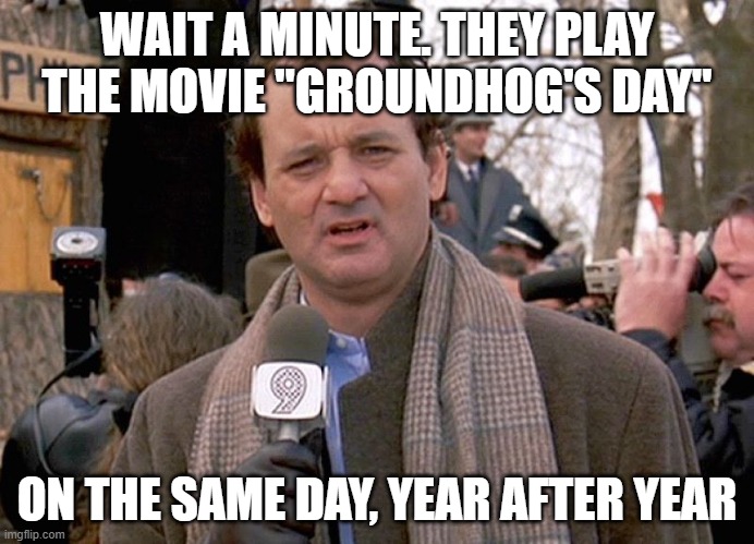 groundhog day | WAIT A MINUTE. THEY PLAY THE MOVIE "GROUNDHOG'S DAY"; ON THE SAME DAY, YEAR AFTER YEAR | image tagged in groundhog day | made w/ Imgflip meme maker
