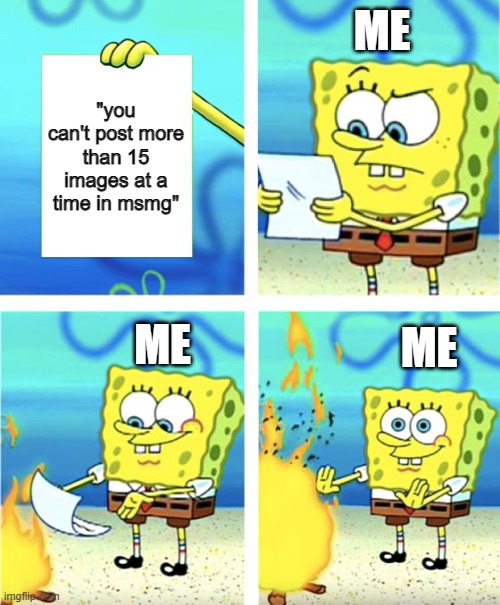 context: i tried to set a record ~2 weeks ago | ME; "you can't post more than 15 images at a time in msmg"; ME; ME | image tagged in spongebob burning paper | made w/ Imgflip meme maker