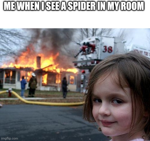 Disaster Girl | ME WHEN I SEE A SPIDER IN MY ROOM | image tagged in memes,disaster girl | made w/ Imgflip meme maker