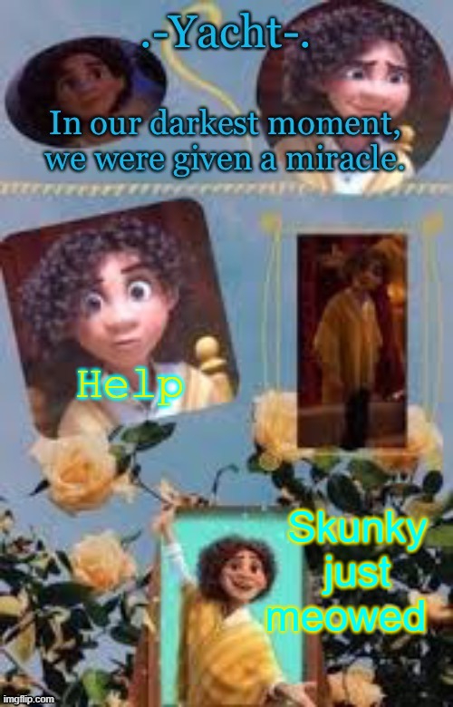 Yacht's Camilo temp | Help; Skunky just meowed | image tagged in yacht's camilo temp | made w/ Imgflip meme maker