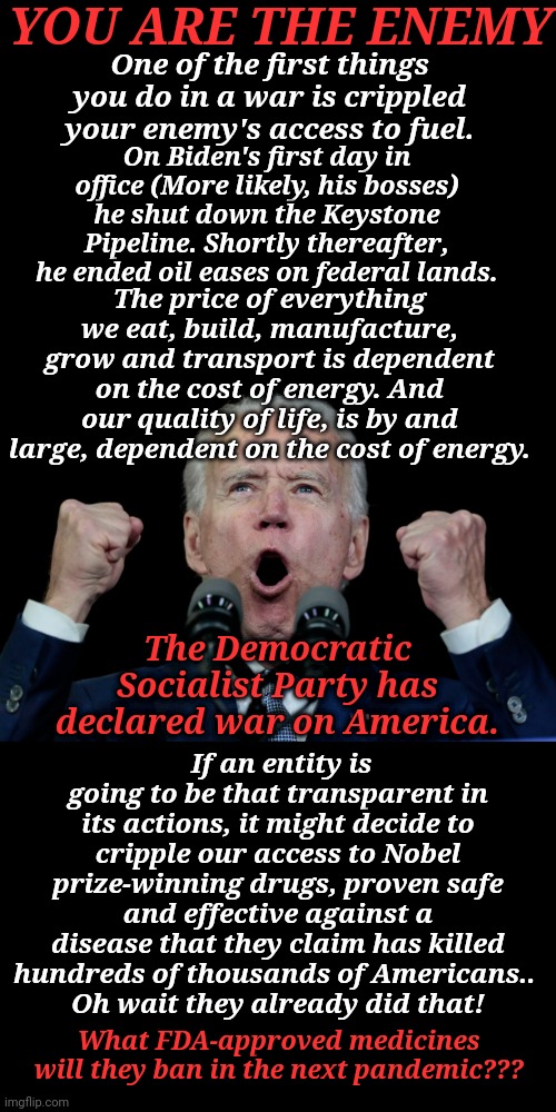 YOU ARE THE ENEMY | YOU ARE THE ENEMY; One of the first things you do in a war is crippled your enemy's access to fuel. On Biden's first day in office (More likely, his bosses) he shut down the Keystone Pipeline. Shortly thereafter, he ended oil eases on federal lands. The price of everything we eat, build, manufacture, grow and transport is dependent on the cost of energy. And our quality of life, is by and large, dependent on the cost of energy. The Democratic Socialist Party has declared war on America. If an entity is going to be that transparent in its actions, it might decide to cripple our access to Nobel prize-winning drugs, proven safe and effective against a disease that they claim has killed hundreds of thousands of Americans.. 
Oh wait they already did that! What FDA-approved medicines will they ban in the next pandemic??? | image tagged in democratic socialism,war,god bless america | made w/ Imgflip meme maker