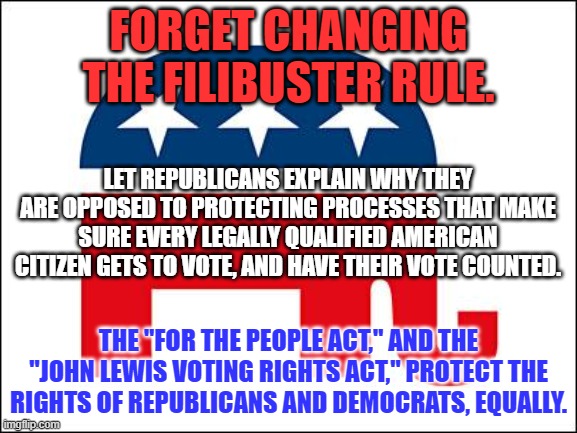 You "will not be replaced." Outvoted?  Maybe. | FORGET CHANGING THE FILIBUSTER RULE. LET REPUBLICANS EXPLAIN WHY THEY ARE OPPOSED TO PROTECTING PROCESSES THAT MAKE SURE EVERY LEGALLY QUALIFIED AMERICAN CITIZEN GETS TO VOTE, AND HAVE THEIR VOTE COUNTED. THE "FOR THE PEOPLE ACT," AND THE "JOHN LEWIS VOTING RIGHTS ACT," PROTECT THE RIGHTS OF REPUBLICANS AND DEMOCRATS, EQUALLY. | image tagged in politics | made w/ Imgflip meme maker
