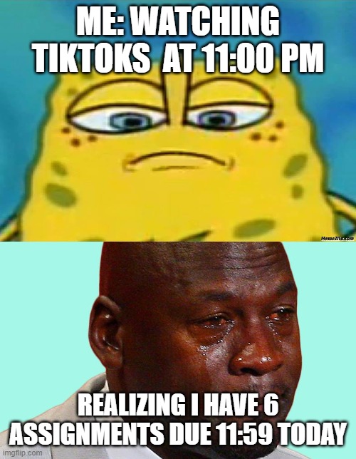 TIKTOK | ME: WATCHING TIKTOKS  AT 11:00 PM; REALIZING I HAVE 6 ASSIGNMENTS DUE 11:59 TODAY | image tagged in tiktok,school work,tiktok humor | made w/ Imgflip meme maker