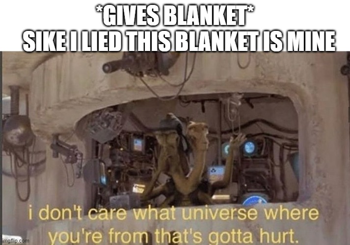 Wow- | *GIVES BLANKET*; SIKE I LIED THIS BLANKET IS MINE | image tagged in i don't care what universe where you're from that's gotta hurt | made w/ Imgflip meme maker