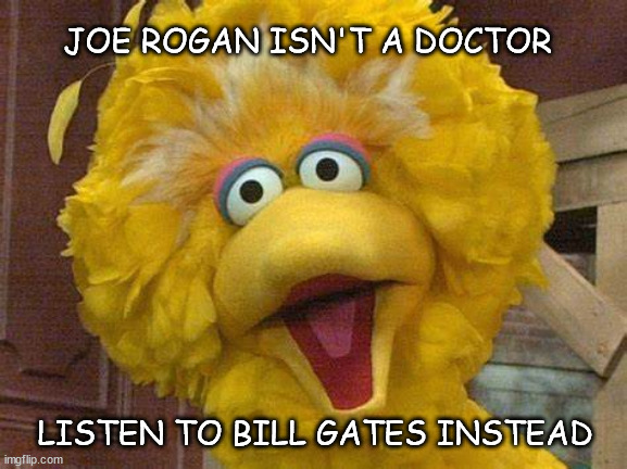 Bird is the Word | JOE ROGAN ISN'T A DOCTOR; LISTEN TO BILL GATES INSTEAD | image tagged in big bird | made w/ Imgflip meme maker