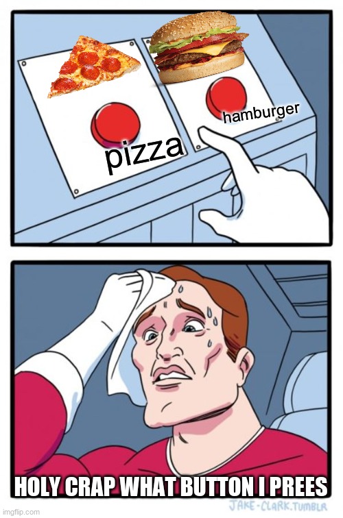 pizza or hamburger say youopinion on comments |  hamburger; pizza; HOLY CRAP WHAT BUTTON I PREES | image tagged in memes,two buttons | made w/ Imgflip meme maker