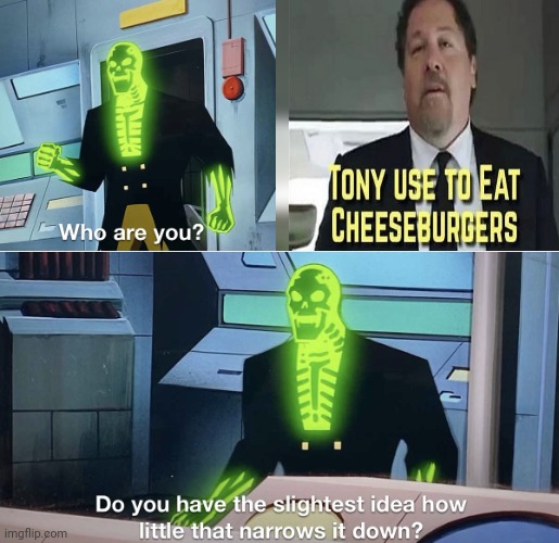 Do you have the slightest idea how little that narrows it down? | image tagged in do you have the slightest idea how little that narrows it down,memes,funny,tony use to eat cheeseburgers,marvel,dc | made w/ Imgflip meme maker