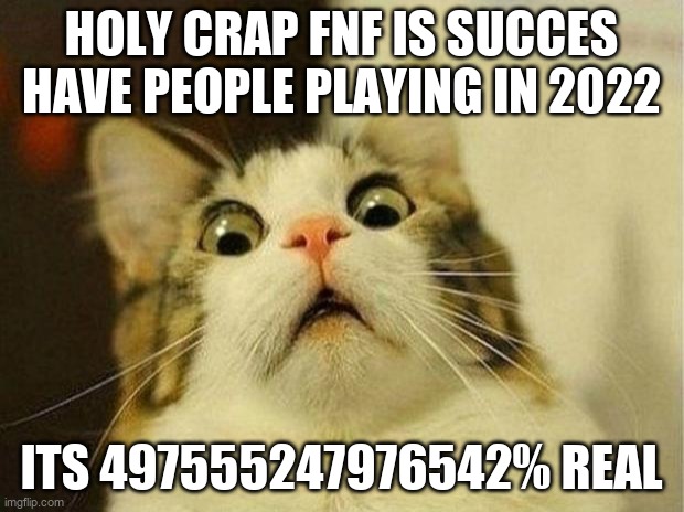 Scared Cat Meme | HOLY CRAP FNF IS SUCCES HAVE PEOPLE PLAYING IN 2022; ITS 497555247976542% REAL | image tagged in memes,scared cat | made w/ Imgflip meme maker