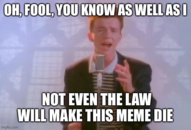 Rick Astley | OH, FOOL, YOU KNOW AS WELL AS I NOT EVEN THE LAW WILL MAKE THIS MEME DIE | image tagged in rick astley | made w/ Imgflip meme maker