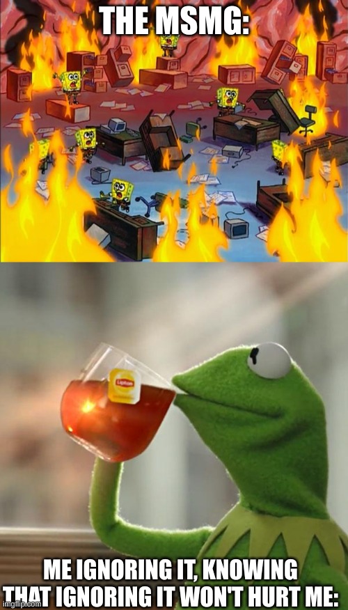 what I see in the MS memer group |  THE MSMG:; ME IGNORING IT, KNOWING THAT IGNORING IT WON'T HURT ME: | image tagged in spongebob fire,memes,but that's none of my business | made w/ Imgflip meme maker