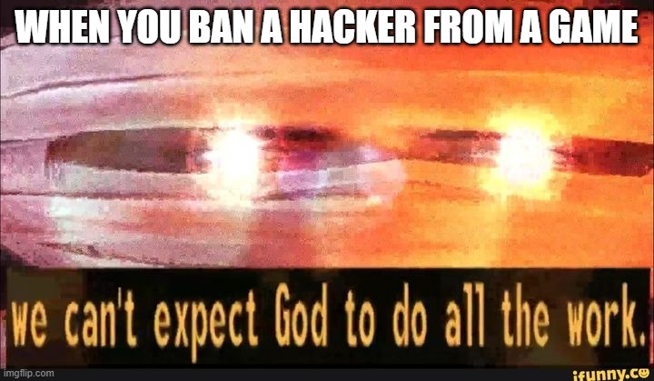 We can't expect God to do all the work |  WHEN YOU BAN A HACKER FROM A GAME | image tagged in we can't expect god to do all the work | made w/ Imgflip meme maker