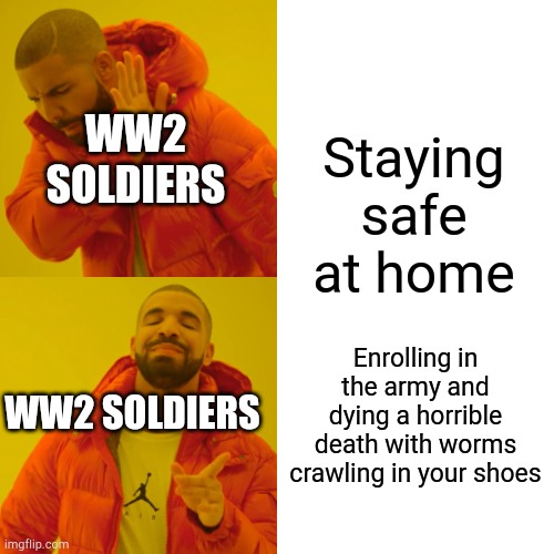 Bruh whyy | Staying safe at home; WW2 SOLDIERS; Enrolling in the army and dying a horrible death with worms crawling in your shoes; WW2 SOLDIERS | image tagged in memes,drake hotline bling | made w/ Imgflip meme maker