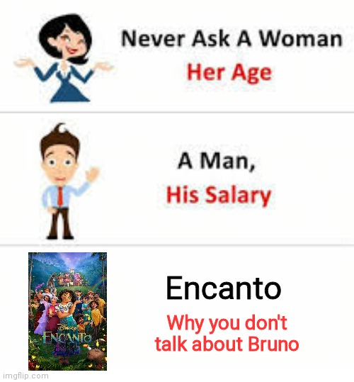 Saw the movie. Now to make a meme | Encanto; Why you don't talk about Bruno | image tagged in never ask a woman her age,encanto,funny | made w/ Imgflip meme maker