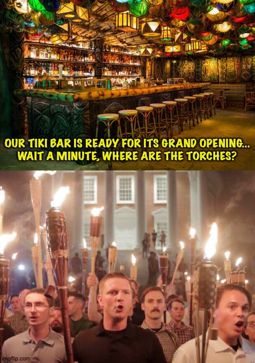 My assistant seems to have loaned the tiki torches out... | OUR TIKI BAR IS READY FOR ITS GRAND OPENING...
WAIT A MINUTE, WHERE ARE THE TORCHES? | image tagged in tiki torch bros | made w/ Imgflip meme maker