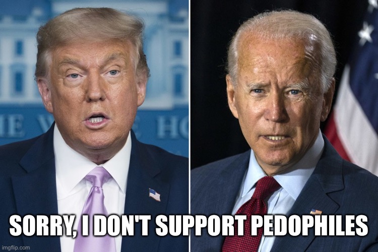 Trump and Biden | SORRY, I DON'T SUPPORT PEDOPHILES | image tagged in trump and biden | made w/ Imgflip meme maker