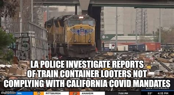 CA C-19 MANDATE NON COMPLIANCE |  LA POLICE INVESTIGATE REPORTS OF TRAIN CONTAINER LOOTERS NOT COMPLYING WITH CALIFORNIA COVID MANDATES | image tagged in los angeles train looting,train,looting,covid-19,coronavirus,funny memes | made w/ Imgflip meme maker