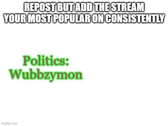 I fit in well with them and this isn't MSMG or Fun | REPOST BUT ADD THE STREAM YOUR MOST POPULAR ON CONSISTENTLY; Politics: Wubbzymon | image tagged in blank white template | made w/ Imgflip meme maker