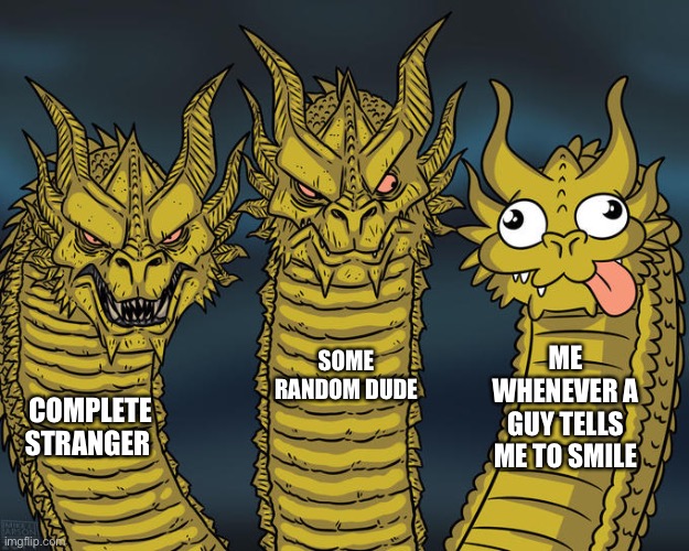 Ugh, men |  ME WHENEVER A GUY TELLS ME TO SMILE; SOME RANDOM DUDE; COMPLETE STRANGER | image tagged in three-headed dragon,men,smile,sexism,sexist | made w/ Imgflip meme maker