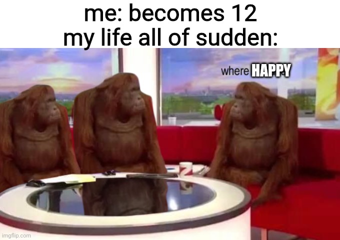 :( | me: becomes 12
my life all of sudden:; HAPPY | image tagged in where banana | made w/ Imgflip meme maker