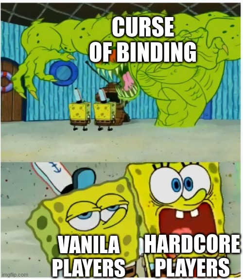 image title | CURSE OF BINDING; HARDCORE PLAYERS; VANILA PLAYERS | image tagged in spongebob squarepants scared but also not scared | made w/ Imgflip meme maker
