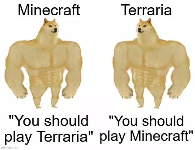 so wholesome :) | Minecraft; Terraria; "You should play Terraria"; "You should play Minecraft" | image tagged in buff doge vs buff doge | made w/ Imgflip meme maker