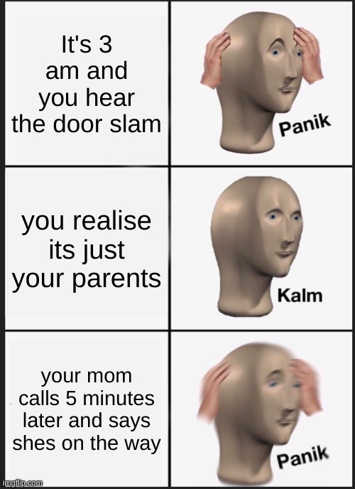 Panik Kalm Panik | It's 3 am and you hear the door slam; you realise its just your parents; your mom calls 5 minutes later and says shes on the way | image tagged in memes,panik kalm panik | made w/ Imgflip meme maker