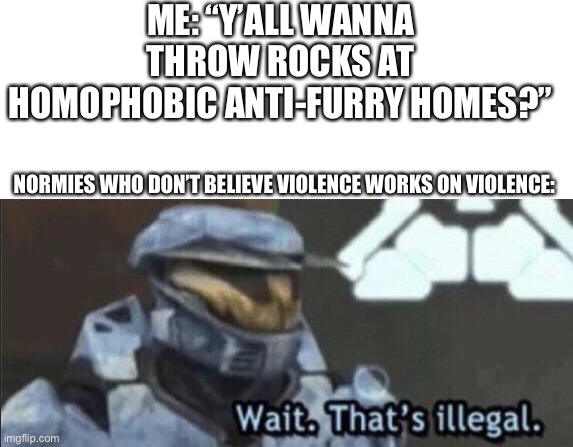 Fighting for what’s right, And what’s also (technically) illegal to do | ME: “Y’ALL WANNA THROW ROCKS AT HOMOPHOBIC ANTI-FURRY HOMES?”; NORMIES WHO DON’T BELIEVE VIOLENCE WORKS ON VIOLENCE: | image tagged in wait that's illegal,furry memes,homophobic,anti furry,karma | made w/ Imgflip meme maker