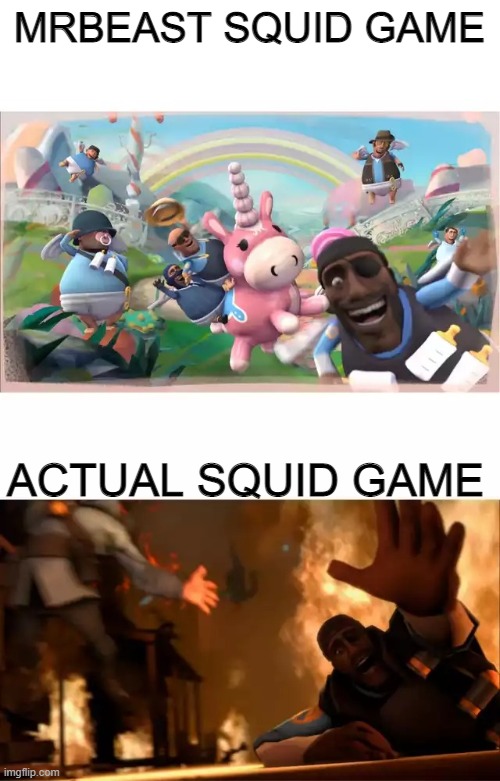 *insert creative title here* |  MRBEAST SQUID GAME; ACTUAL SQUID GAME | image tagged in pyrovision,memes,squid game,mrbeast,light vs dark,heaven vs hell | made w/ Imgflip meme maker