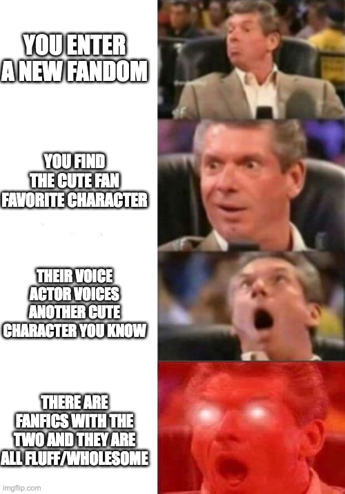if only all fandoms were like this |  YOU ENTER A NEW FANDOM; YOU FIND THE CUTE FAN FAVORITE CHARACTER; THEIR VOICE ACTOR VOICES ANOTHER CUTE CHARACTER YOU KNOW; THERE ARE FANFICS WITH THE TWO AND THEY ARE ALL FLUFF/WHOLESOME | image tagged in mr mcmahon reaction | made w/ Imgflip meme maker