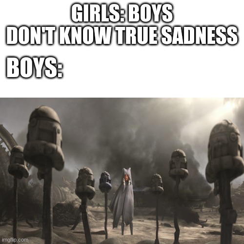 I cried as I wachted this | GIRLS: BOYS DON'T KNOW TRUE SADNESS; BOYS: | image tagged in blank white template,memes,funny,star wars,boys vs girls | made w/ Imgflip meme maker