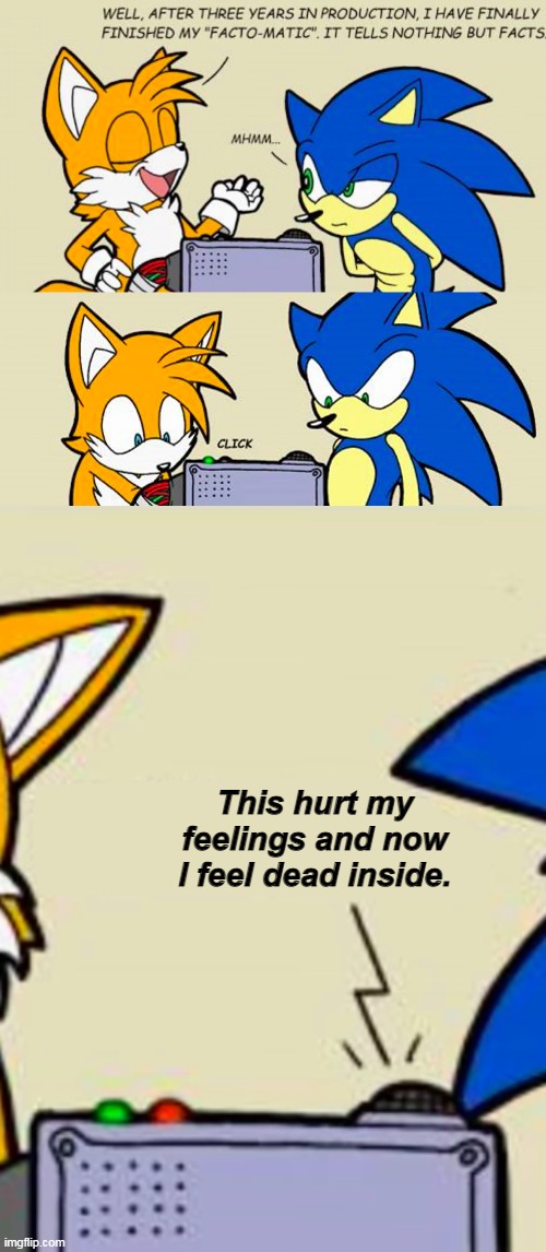 Tails' facto-matic | This hurt my feelings and now I feel dead inside. | image tagged in tails' facto-matic | made w/ Imgflip meme maker