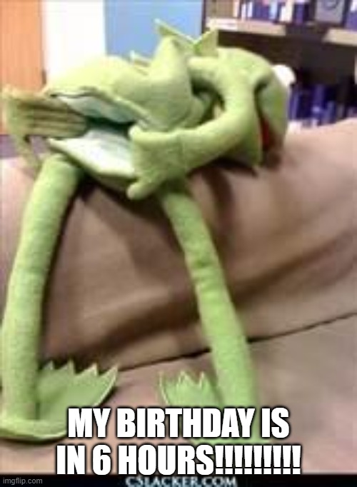 Gay kermit | MY BIRTHDAY IS IN 6 HOURS!!!!!!!!! | image tagged in gay kermit | made w/ Imgflip meme maker