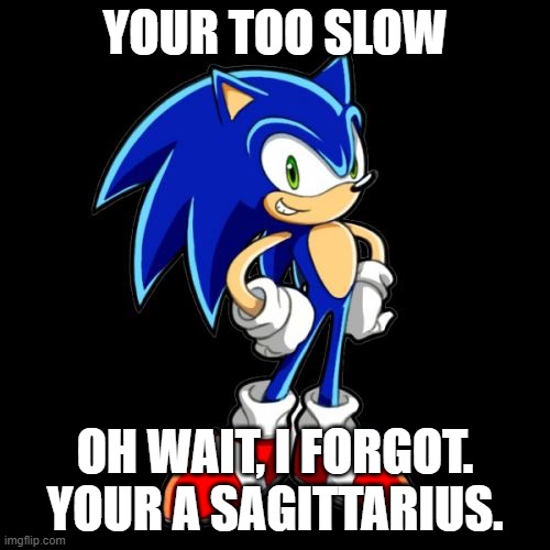 Sagittarius be like | YOUR TOO SLOW; OH WAIT, I FORGOT. YOUR A SAGITTARIUS. | image tagged in so true memes,your too slow sonic,simply true | made w/ Imgflip meme maker