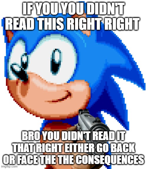 Spelling Test By Sonic! | IF YOU YOU DIDN'T READ THIS RIGHT RIGHT; BRO YOU DIDN'T READ IT THAT RIGHT EITHER GO BACK OR FACE THE THE CONSEQUENCES | image tagged in sonic with a gun,you cant read right | made w/ Imgflip meme maker