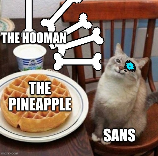 Cat likes their waffle | THE HOOMAN; THE PINEAPPLE; SANS | image tagged in cat likes their waffle | made w/ Imgflip meme maker