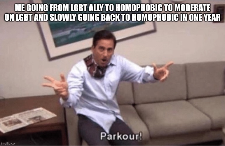 parkour! | ME GOING FROM LGBT ALLY TO HOMOPHOBIC TO MODERATE ON LGBT AND SLOWLY GOING BACK TO HOMOPHOBIC IN ONE YEAR | image tagged in parkour | made w/ Imgflip meme maker