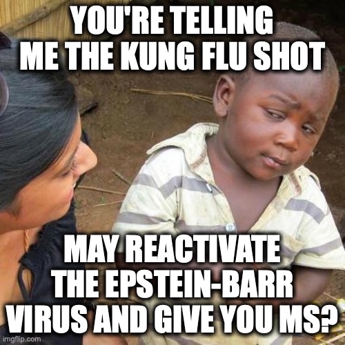 The latest science seems to say taking the Kung Flu shot is akin to playing Russian Roulette with contracting MS. | YOU'RE TELLING ME THE KUNG FLU SHOT; MAY REACTIVATE THE EPSTEIN-BARR VIRUS AND GIVE YOU MS? | image tagged in ms,multiple sclerosis,covid,2022,kung flu,science | made w/ Imgflip meme maker