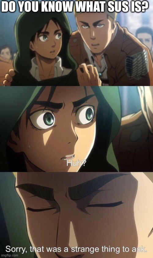 sus | DO YOU KNOW WHAT SUS IS? | image tagged in strange question attack on titan | made w/ Imgflip meme maker