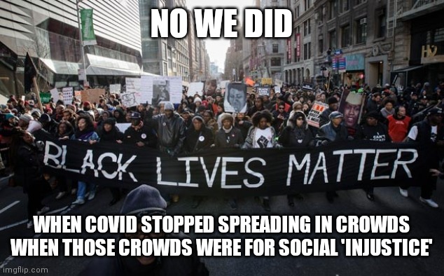 Black lives matter | NO WE DID WHEN COVID STOPPED SPREADING IN CROWDS WHEN THOSE CROWDS WERE FOR SOCIAL 'INJUSTICE' | image tagged in black lives matter | made w/ Imgflip meme maker