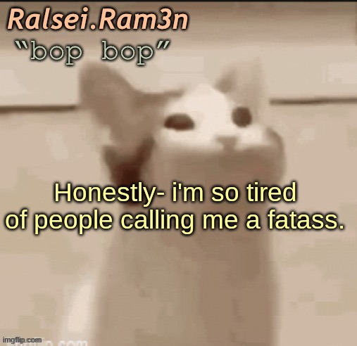 It's annoying and it makes me feel bad about my body image, i dont care but i still dont like it :( | Honestly- i'm so tired of people calling me a fatass. | image tagged in bop cat | made w/ Imgflip meme maker