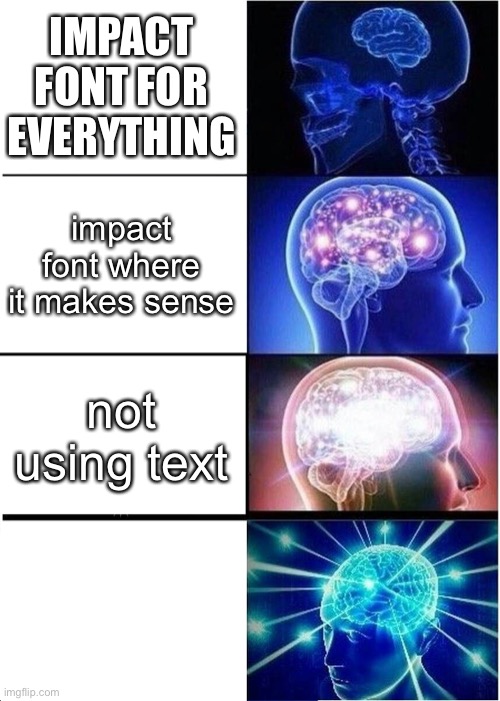 how to properly do memes | IMPACT FONT FOR EVERYTHING; impact font where it makes sense; not using text | image tagged in memes,expanding brain,meming,funny | made w/ Imgflip meme maker
