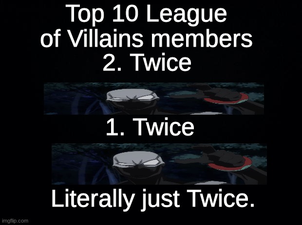 Tribute to my boi Traumatized Spiderman lol | Top 10 League of Villains members; 2. Twice; 1. Twice; Literally just Twice. | image tagged in black background,mha,twice,bnha | made w/ Imgflip meme maker