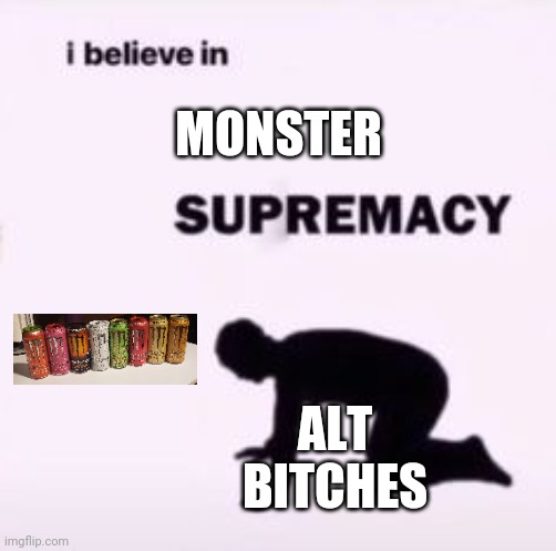 Caffeine fiends | MONSTER; ALT BITCHES | image tagged in i believe in supremacy,egirl,monster | made w/ Imgflip meme maker