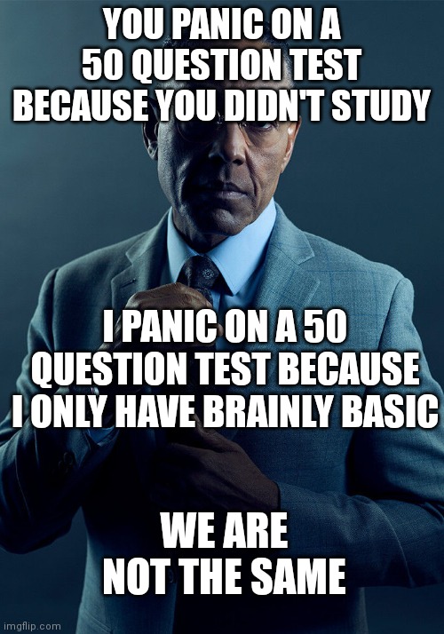 Gus Fring we are not the same | YOU PANIC ON A 50 QUESTION TEST BECAUSE YOU DIDN'T STUDY; I PANIC ON A 50 QUESTION TEST BECAUSE I ONLY HAVE BRAINLY BASIC; WE ARE NOT THE SAME | image tagged in gus fring we are not the same | made w/ Imgflip meme maker