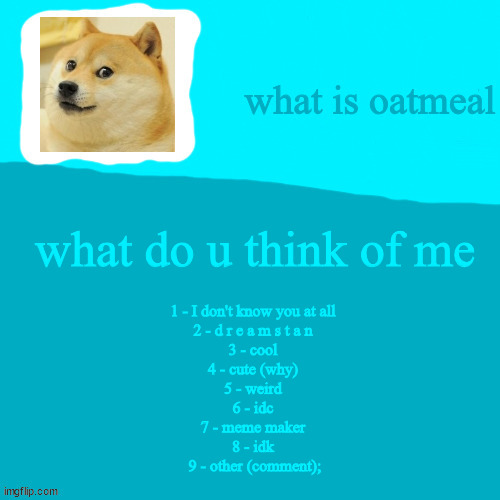 what do u think of me; 1 - I don't know you at all 
2 - d r e a m s t a n 
3 - cool 
4 - cute (why) 
5 - weird 
6 - idc 
7 - meme maker 
8 - idk 
9 - other (comment); | image tagged in my jonathon ripoff template | made w/ Imgflip meme maker